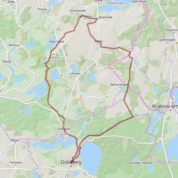 Map miniature of "Circumnavigation of Dobbertiner See" cycling inspiration in Mecklenburg-Vorpommern, Germany. Generated by Tarmacs.app cycling route planner