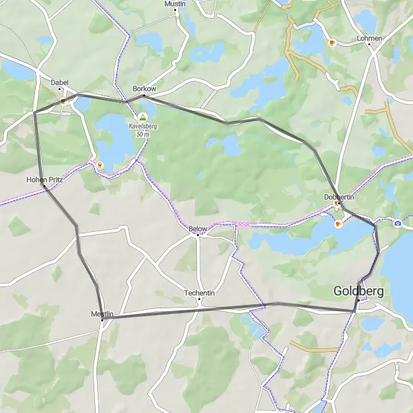 Map miniature of "The Dabel Road Escape" cycling inspiration in Mecklenburg-Vorpommern, Germany. Generated by Tarmacs.app cycling route planner