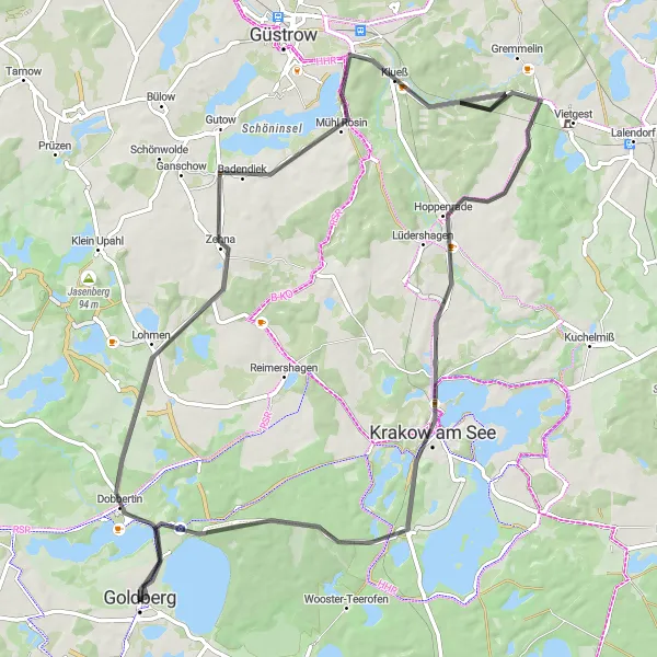 Karten-Miniaturansicht der Radinspiration "Rundfahrt um Goldberg" in Mecklenburg-Vorpommern, Germany. Erstellt vom Tarmacs.app-Routenplaner für Radtouren