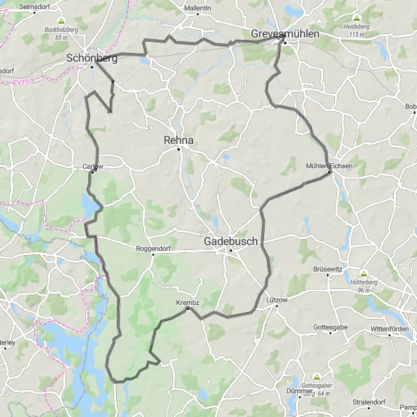 Map miniature of "The Rüting Road Trip" cycling inspiration in Mecklenburg-Vorpommern, Germany. Generated by Tarmacs.app cycling route planner