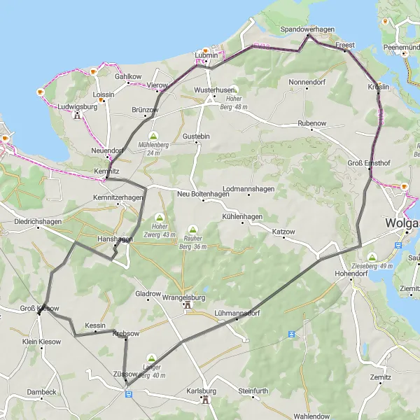 Karten-Miniaturansicht der Radinspiration "Panorama-Tour um Groß Kiesow" in Mecklenburg-Vorpommern, Germany. Erstellt vom Tarmacs.app-Routenplaner für Radtouren