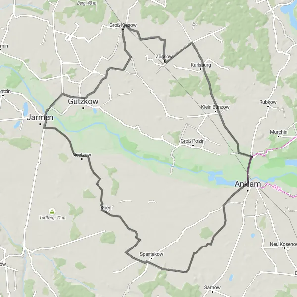Karten-Miniaturansicht der Radinspiration "Radtour um Groß Kiesow" in Mecklenburg-Vorpommern, Germany. Erstellt vom Tarmacs.app-Routenplaner für Radtouren