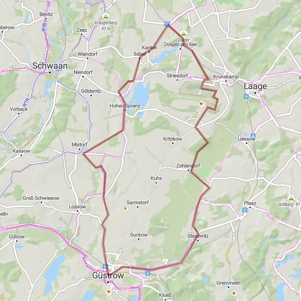 Karten-Miniaturansicht der Radinspiration "Rundweg um Güstrow und Umgebung" in Mecklenburg-Vorpommern, Germany. Erstellt vom Tarmacs.app-Routenplaner für Radtouren