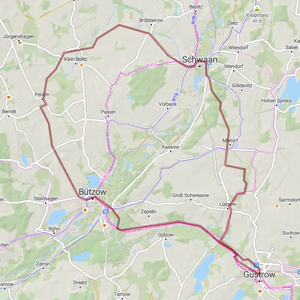 Map miniature of "The Bützow Discovery" cycling inspiration in Mecklenburg-Vorpommern, Germany. Generated by Tarmacs.app cycling route planner