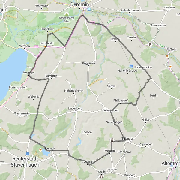 Map miniature of "Exploring the Countryside" cycling inspiration in Mecklenburg-Vorpommern, Germany. Generated by Tarmacs.app cycling route planner