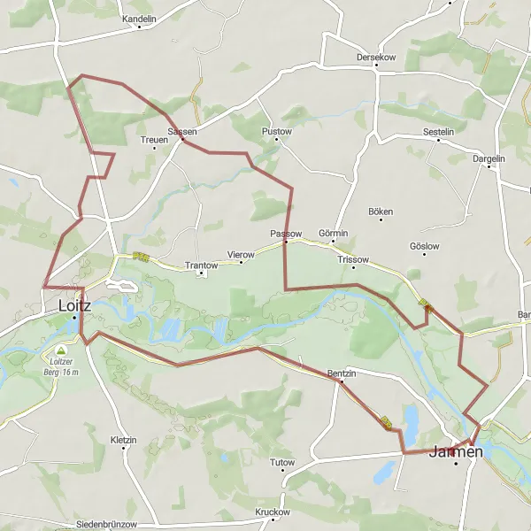 Map miniature of "Jarmen - Loitz Loop" cycling inspiration in Mecklenburg-Vorpommern, Germany. Generated by Tarmacs.app cycling route planner