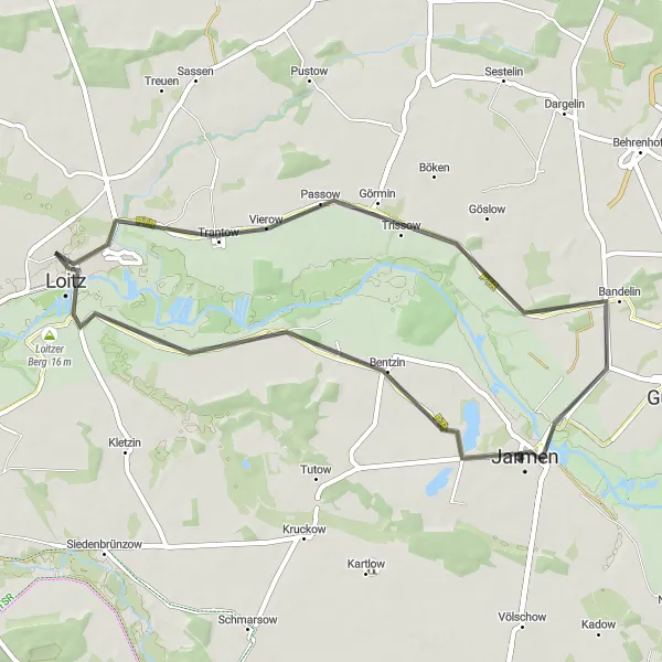 Map miniature of "Bentzin and Bandelin Loop" cycling inspiration in Mecklenburg-Vorpommern, Germany. Generated by Tarmacs.app cycling route planner