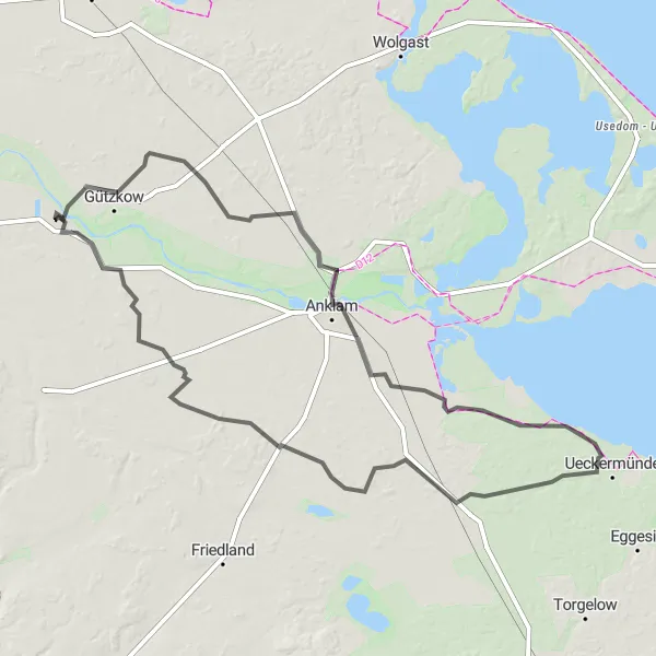 Map miniature of "Jarmen - Mönkebude Round Trip" cycling inspiration in Mecklenburg-Vorpommern, Germany. Generated by Tarmacs.app cycling route planner