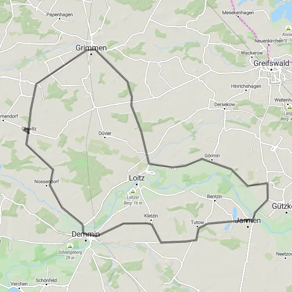 Map miniature of "Tutow and Wendisch Baggendorf Circular" cycling inspiration in Mecklenburg-Vorpommern, Germany. Generated by Tarmacs.app cycling route planner