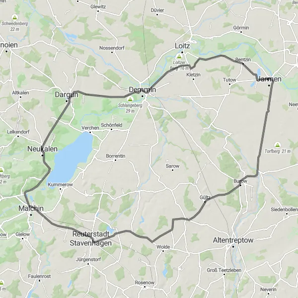 Map miniature of "Jarmen to Stavenhagen Loop" cycling inspiration in Mecklenburg-Vorpommern, Germany. Generated by Tarmacs.app cycling route planner