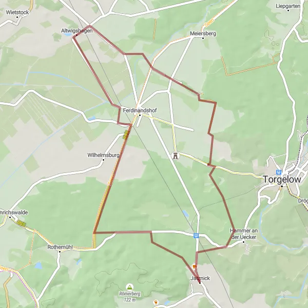 Map miniature of "Ferdinandshof and the Uecker Region" cycling inspiration in Mecklenburg-Vorpommern, Germany. Generated by Tarmacs.app cycling route planner