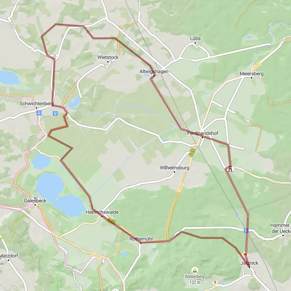 Map miniature of "Journey through Jatznick and Beyond" cycling inspiration in Mecklenburg-Vorpommern, Germany. Generated by Tarmacs.app cycling route planner