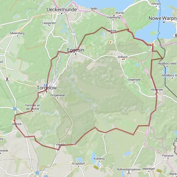 Map miniature of "Discovering Hintersee and the Uecker Region" cycling inspiration in Mecklenburg-Vorpommern, Germany. Generated by Tarmacs.app cycling route planner