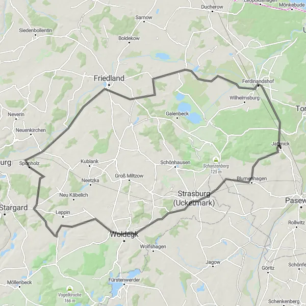 Karten-Miniaturansicht der Radinspiration "Roadbike-Tour um Jatznick" in Mecklenburg-Vorpommern, Germany. Erstellt vom Tarmacs.app-Routenplaner für Radtouren
