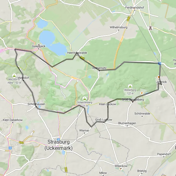 Map miniature of "Discovering Historic Villages" cycling inspiration in Mecklenburg-Vorpommern, Germany. Generated by Tarmacs.app cycling route planner