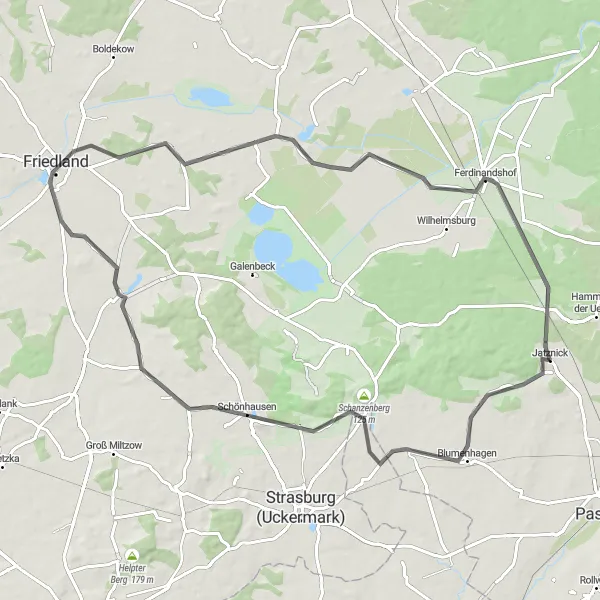 Map miniature of "Scenic Journey along Jatznick" cycling inspiration in Mecklenburg-Vorpommern, Germany. Generated by Tarmacs.app cycling route planner