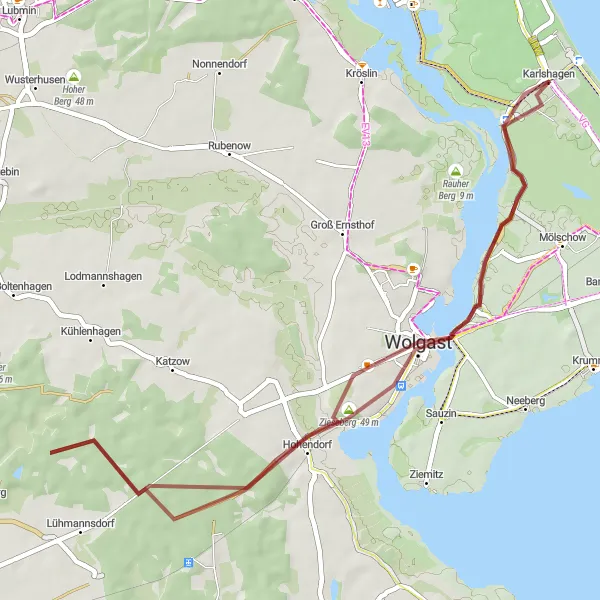 Map miniature of "Coastal Gravel Loop from Karlshagen" cycling inspiration in Mecklenburg-Vorpommern, Germany. Generated by Tarmacs.app cycling route planner