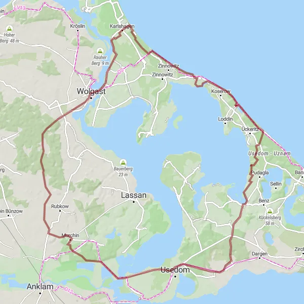 Map miniature of "Rügen and Usedom Island Gravel Cycling" cycling inspiration in Mecklenburg-Vorpommern, Germany. Generated by Tarmacs.app cycling route planner