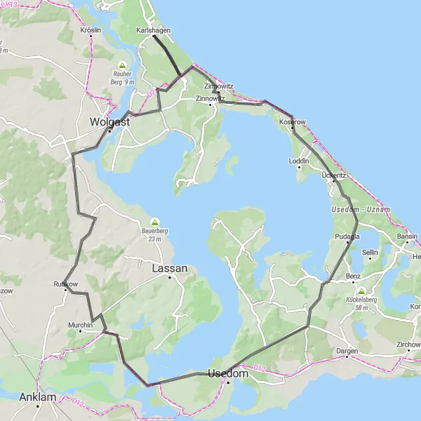 Map miniature of "Road Cycling Exploration of Usedom Island" cycling inspiration in Mecklenburg-Vorpommern, Germany. Generated by Tarmacs.app cycling route planner