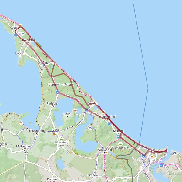Map miniature of "Exploration of Usedom Island Gravel Route" cycling inspiration in Mecklenburg-Vorpommern, Germany. Generated by Tarmacs.app cycling route planner