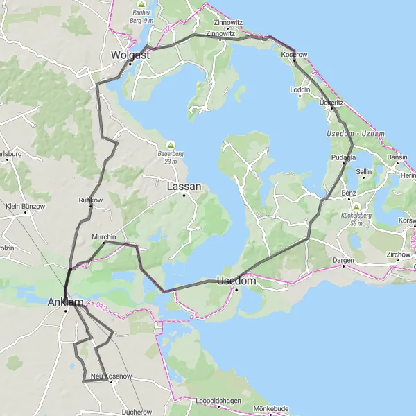 Map miniature of "Usedom Adventure" cycling inspiration in Mecklenburg-Vorpommern, Germany. Generated by Tarmacs.app cycling route planner