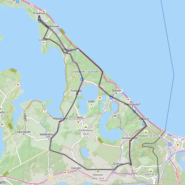 Map miniature of "Koserow and the Usedom Island" cycling inspiration in Mecklenburg-Vorpommern, Germany. Generated by Tarmacs.app cycling route planner