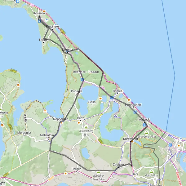 Karten-Miniaturansicht der Radinspiration "Fahrradtour um Koserow mit herrlichen Ausblicken" in Mecklenburg-Vorpommern, Germany. Erstellt vom Tarmacs.app-Routenplaner für Radtouren