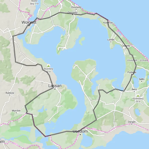 Map miniature of "Usedom Island Scenic Road Route" cycling inspiration in Mecklenburg-Vorpommern, Germany. Generated by Tarmacs.app cycling route planner