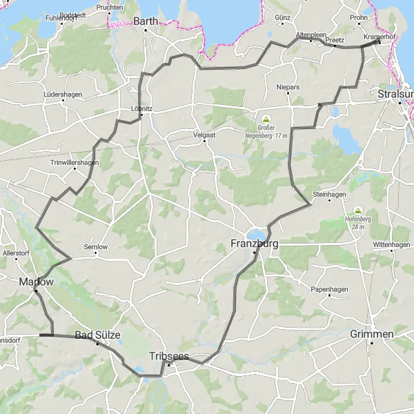 Karten-Miniaturansicht der Radinspiration "Tour durch Vorpommern-Rügen" in Mecklenburg-Vorpommern, Germany. Erstellt vom Tarmacs.app-Routenplaner für Radtouren