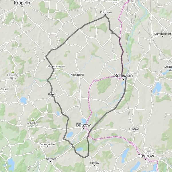 Map miniature of "Pölchow to Satow Loop" cycling inspiration in Mecklenburg-Vorpommern, Germany. Generated by Tarmacs.app cycling route planner