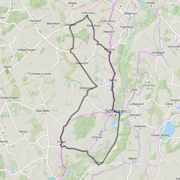 Map miniature of "Pölchow to Ziesendorf Loop" cycling inspiration in Mecklenburg-Vorpommern, Germany. Generated by Tarmacs.app cycling route planner