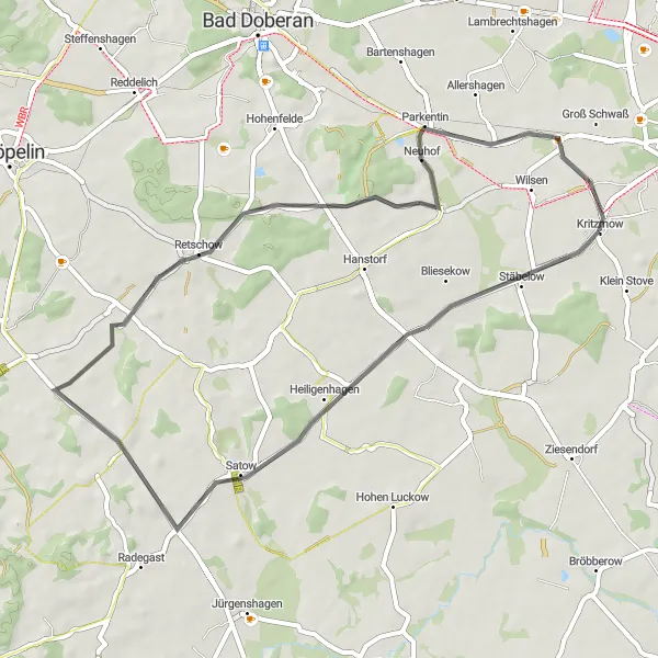 Map miniature of "Satow Loop" cycling inspiration in Mecklenburg-Vorpommern, Germany. Generated by Tarmacs.app cycling route planner