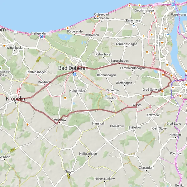 Karten-Miniaturansicht der Radinspiration "Gravel-Tour durch Bad Doberan und Retschow" in Mecklenburg-Vorpommern, Germany. Erstellt vom Tarmacs.app-Routenplaner für Radtouren