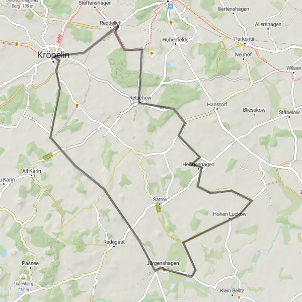 Map miniature of "Kröpelin - Retschow - Heiligenhagen - Hohen Luckow - Altenhagen Round Trip" cycling inspiration in Mecklenburg-Vorpommern, Germany. Generated by Tarmacs.app cycling route planner