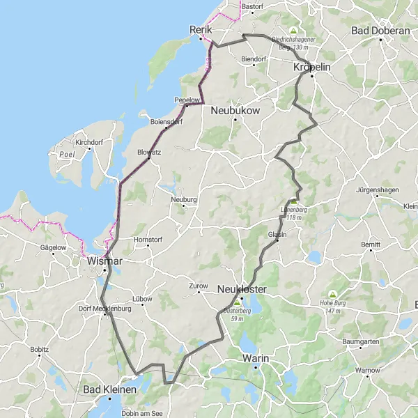 Map miniature of "The Ultimate Mecklenburg Road Challenge" cycling inspiration in Mecklenburg-Vorpommern, Germany. Generated by Tarmacs.app cycling route planner