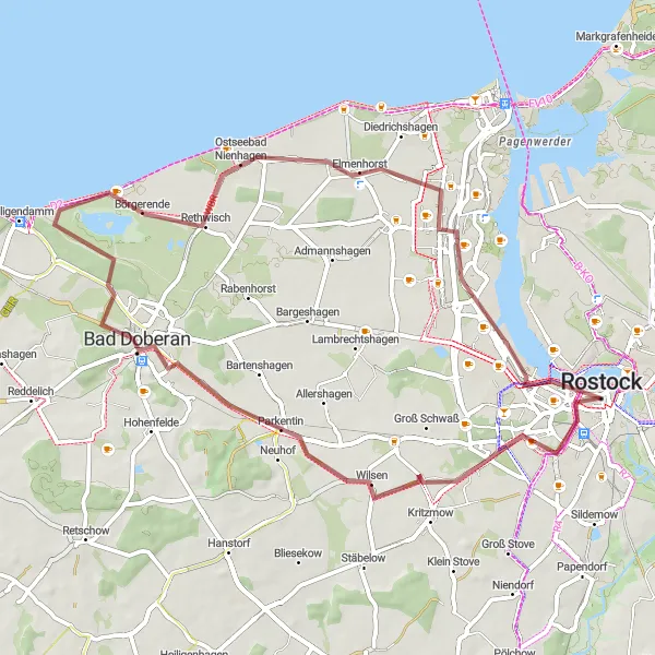 Map miniature of "Rostock Gravel Delight" cycling inspiration in Mecklenburg-Vorpommern, Germany. Generated by Tarmacs.app cycling route planner