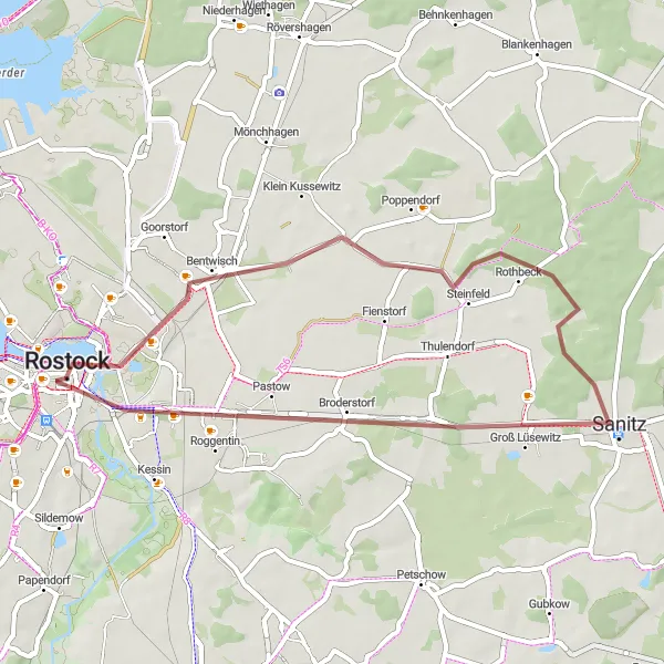 Map miniature of "Explore Sanitz and Astronomische Uhr" cycling inspiration in Mecklenburg-Vorpommern, Germany. Generated by Tarmacs.app cycling route planner