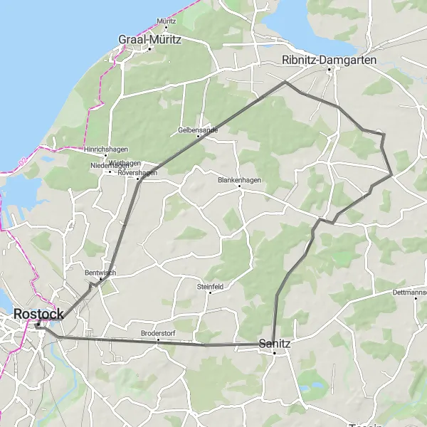 Map miniature of "Rostock Road Experience" cycling inspiration in Mecklenburg-Vorpommern, Germany. Generated by Tarmacs.app cycling route planner