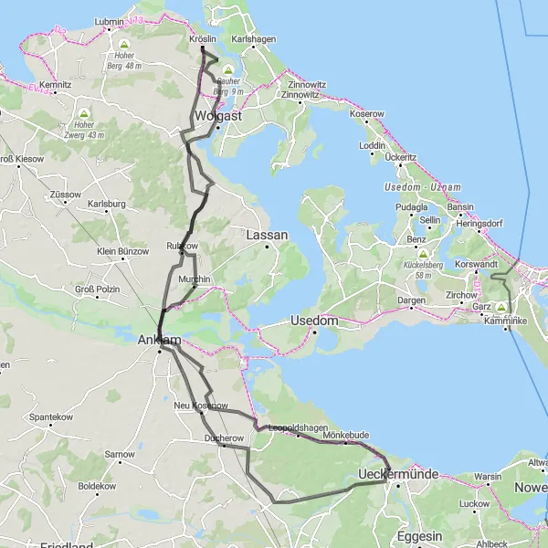 Map miniature of "Anklam Adventure" cycling inspiration in Mecklenburg-Vorpommern, Germany. Generated by Tarmacs.app cycling route planner