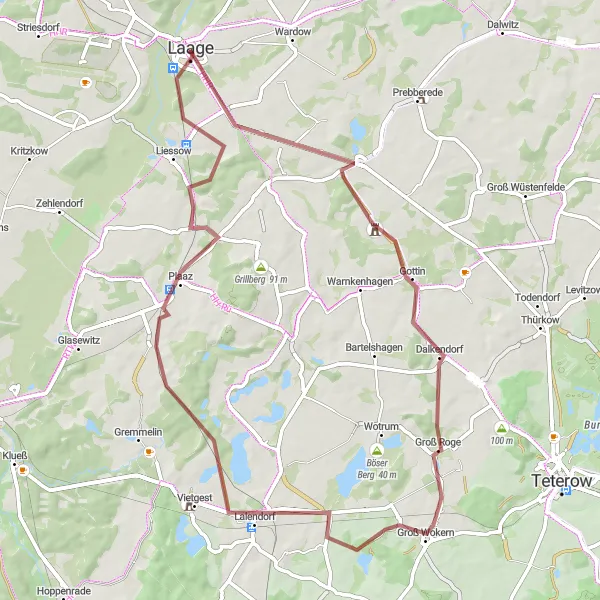 Map miniature of "Laage to Subzin" cycling inspiration in Mecklenburg-Vorpommern, Germany. Generated by Tarmacs.app cycling route planner