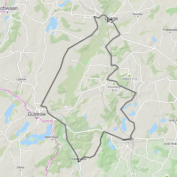 Map miniature of "Plaaz to Kuhlenberg (Road Cycling)" cycling inspiration in Mecklenburg-Vorpommern, Germany. Generated by Tarmacs.app cycling route planner