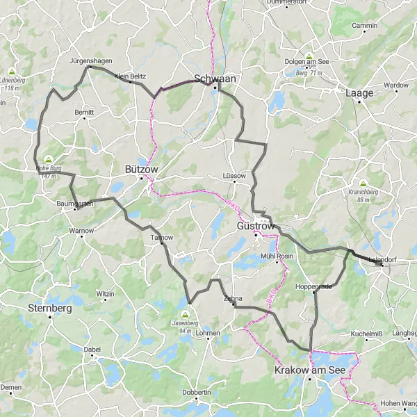 Karten-Miniaturansicht der Radinspiration "Große Rundtour ab Lalendorf - Erlebe die Vielfalt Mecklenburg-Vorpommerns" in Mecklenburg-Vorpommern, Germany. Erstellt vom Tarmacs.app-Routenplaner für Radtouren