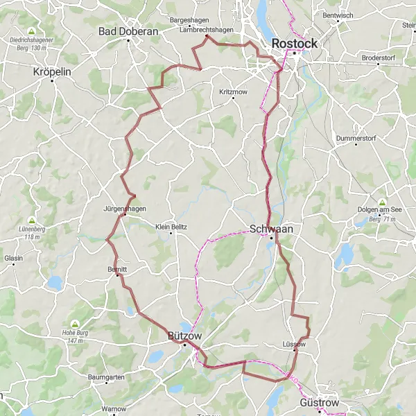 Map miniature of "Discovering Rural Landscapes on Gravel" cycling inspiration in Mecklenburg-Vorpommern, Germany. Generated by Tarmacs.app cycling route planner