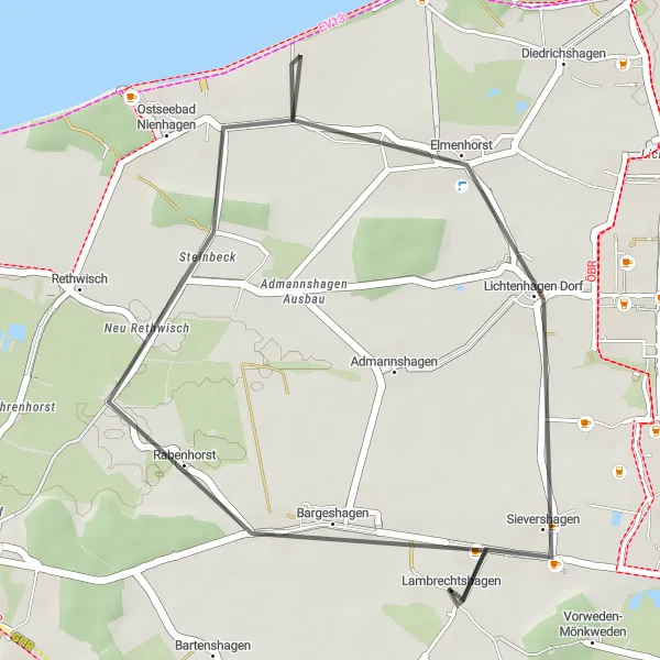 Map miniature of "Coastal Delight" cycling inspiration in Mecklenburg-Vorpommern, Germany. Generated by Tarmacs.app cycling route planner