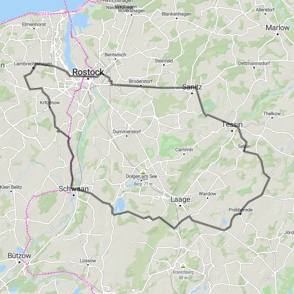 Map miniature of "Rostock Exploration" cycling inspiration in Mecklenburg-Vorpommern, Germany. Generated by Tarmacs.app cycling route planner