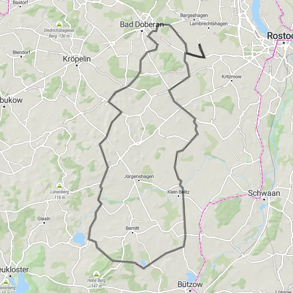 Map miniature of "Hanstorf and Hohenfelde Loop" cycling inspiration in Mecklenburg-Vorpommern, Germany. Generated by Tarmacs.app cycling route planner