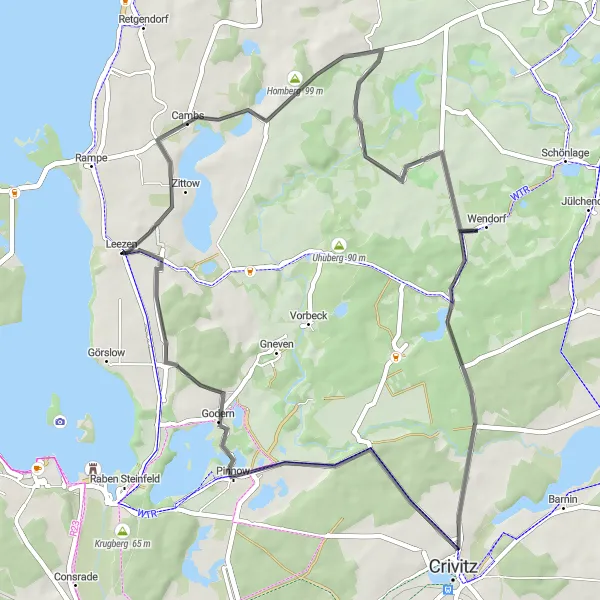 Map miniature of "Countryside Loop" cycling inspiration in Mecklenburg-Vorpommern, Germany. Generated by Tarmacs.app cycling route planner