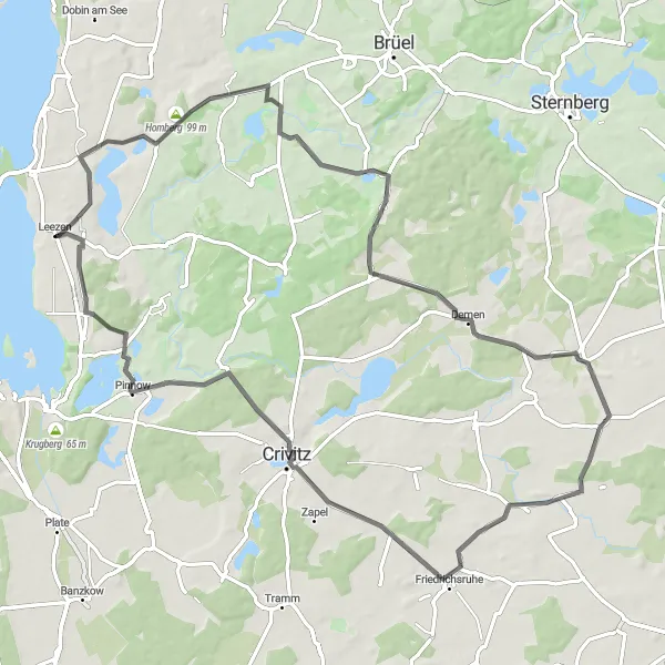 Map miniature of "Lake and Countryside Combination" cycling inspiration in Mecklenburg-Vorpommern, Germany. Generated by Tarmacs.app cycling route planner