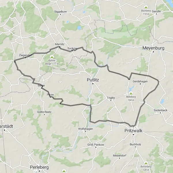 Map miniature of "Scenic Lakes and Historical Treasures" cycling inspiration in Mecklenburg-Vorpommern, Germany. Generated by Tarmacs.app cycling route planner