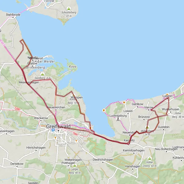 Map miniature of "Off-Road Adventure: Kemnitz to Brünzow" cycling inspiration in Mecklenburg-Vorpommern, Germany. Generated by Tarmacs.app cycling route planner